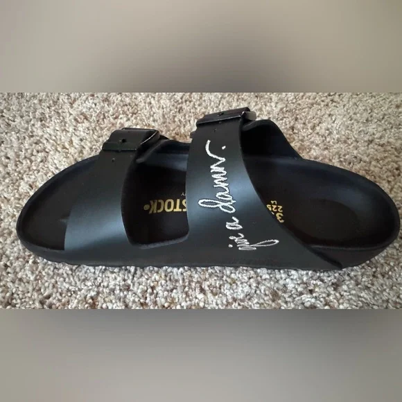 NWT Women’s Sz. 35 (5) Lingua Franca & Birkenstock "give a damn" Arizona Sandal - Picture 5 of 15